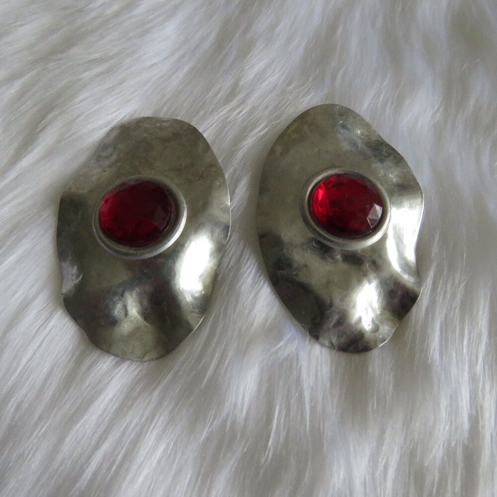 Vintage Red & Hammered Silver Pierced Earrings